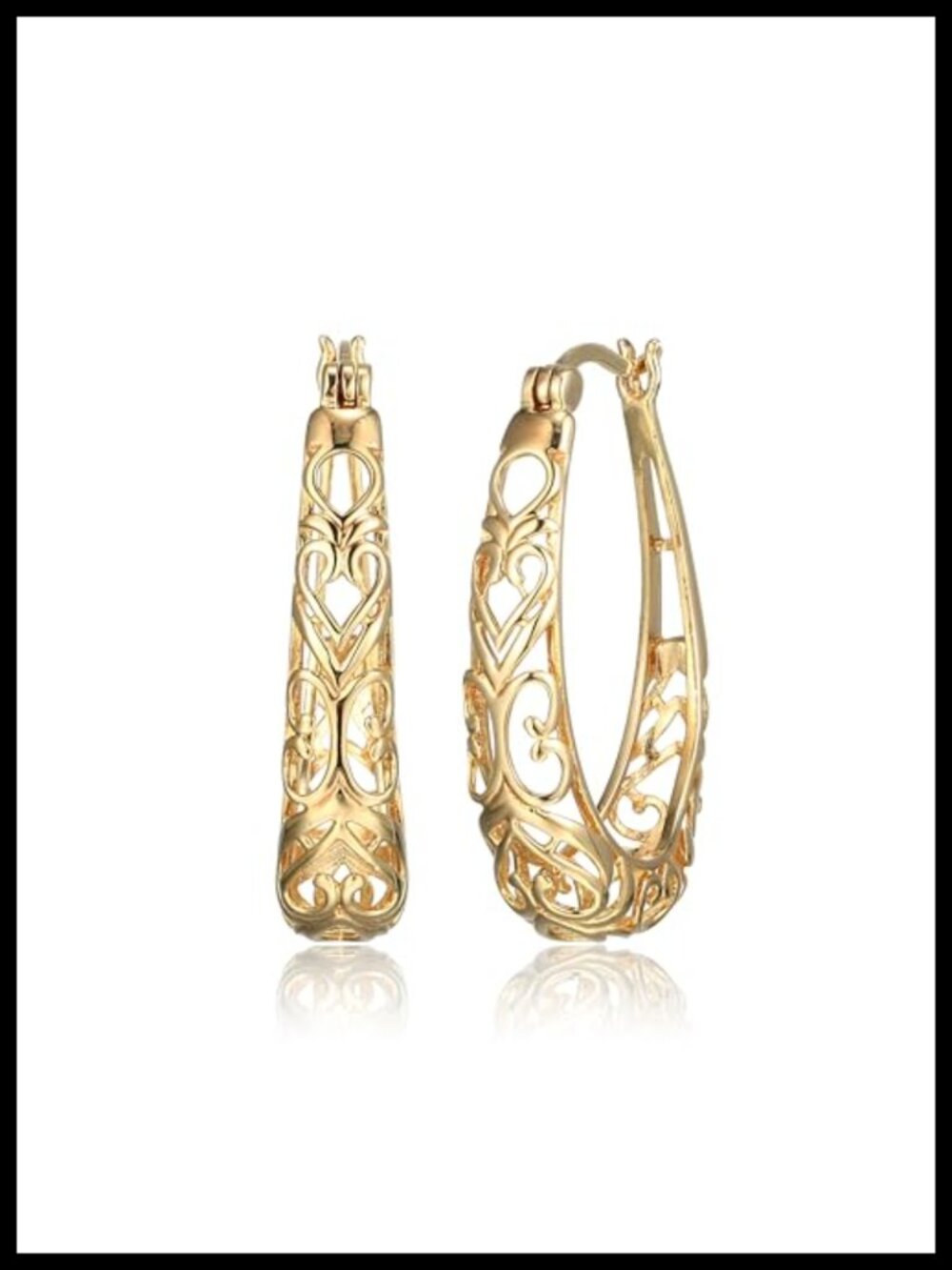 Sterling Silver Filigree Oval Hoop Earrings with Yellow 18K Gold Overlay